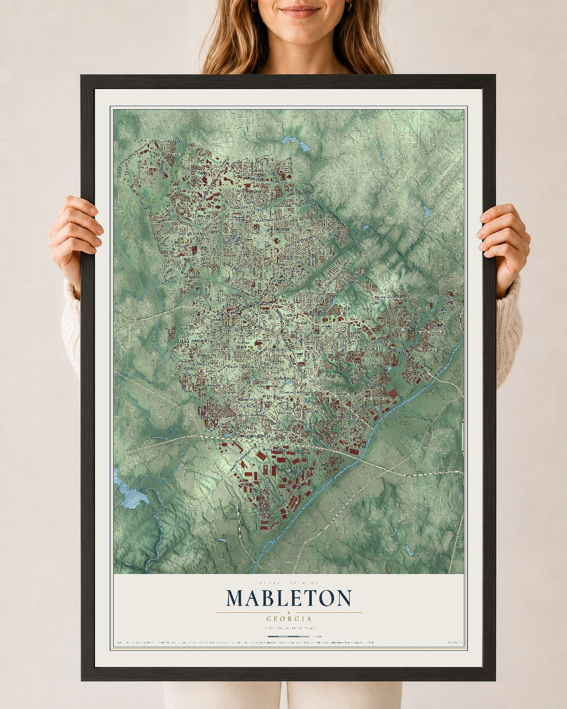Mableton, Georgia map print, 24" x 36" W/ Black Ayous Wood Frame mockup