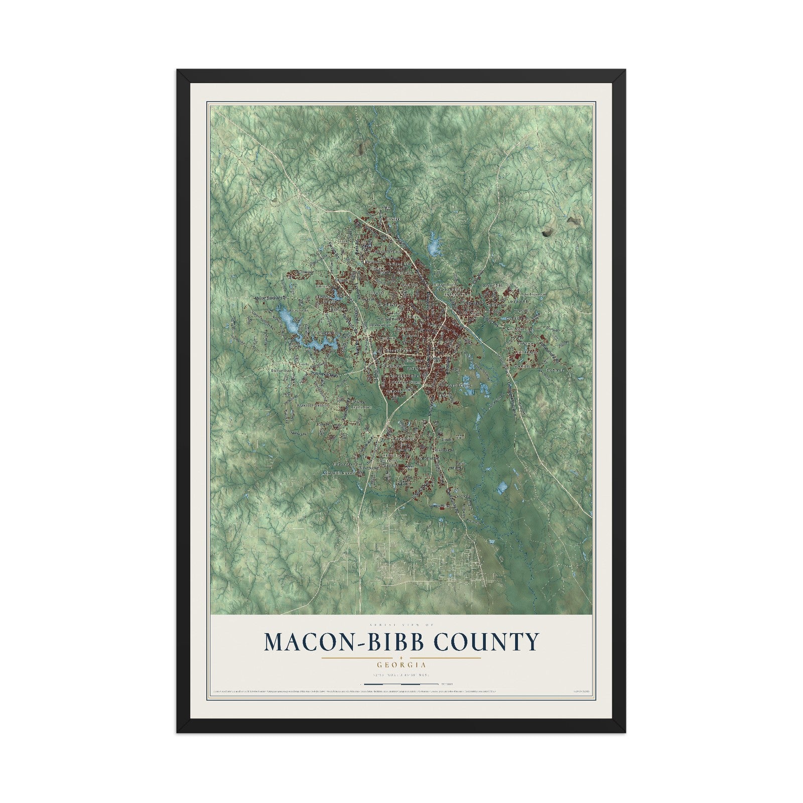 Macon-Bibb County, Georgia map print, 12" x 18" W/ Black Ayous Wood Frame mockup