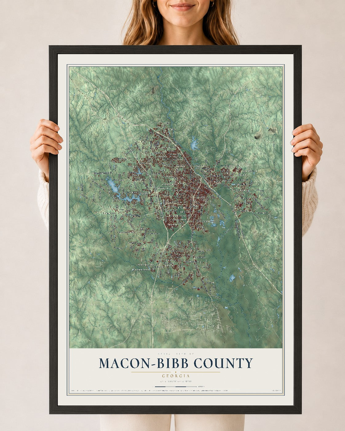 Macon-Bibb County, Georgia map print, 24" x 36" W/ Black Ayous Wood Frame mockup