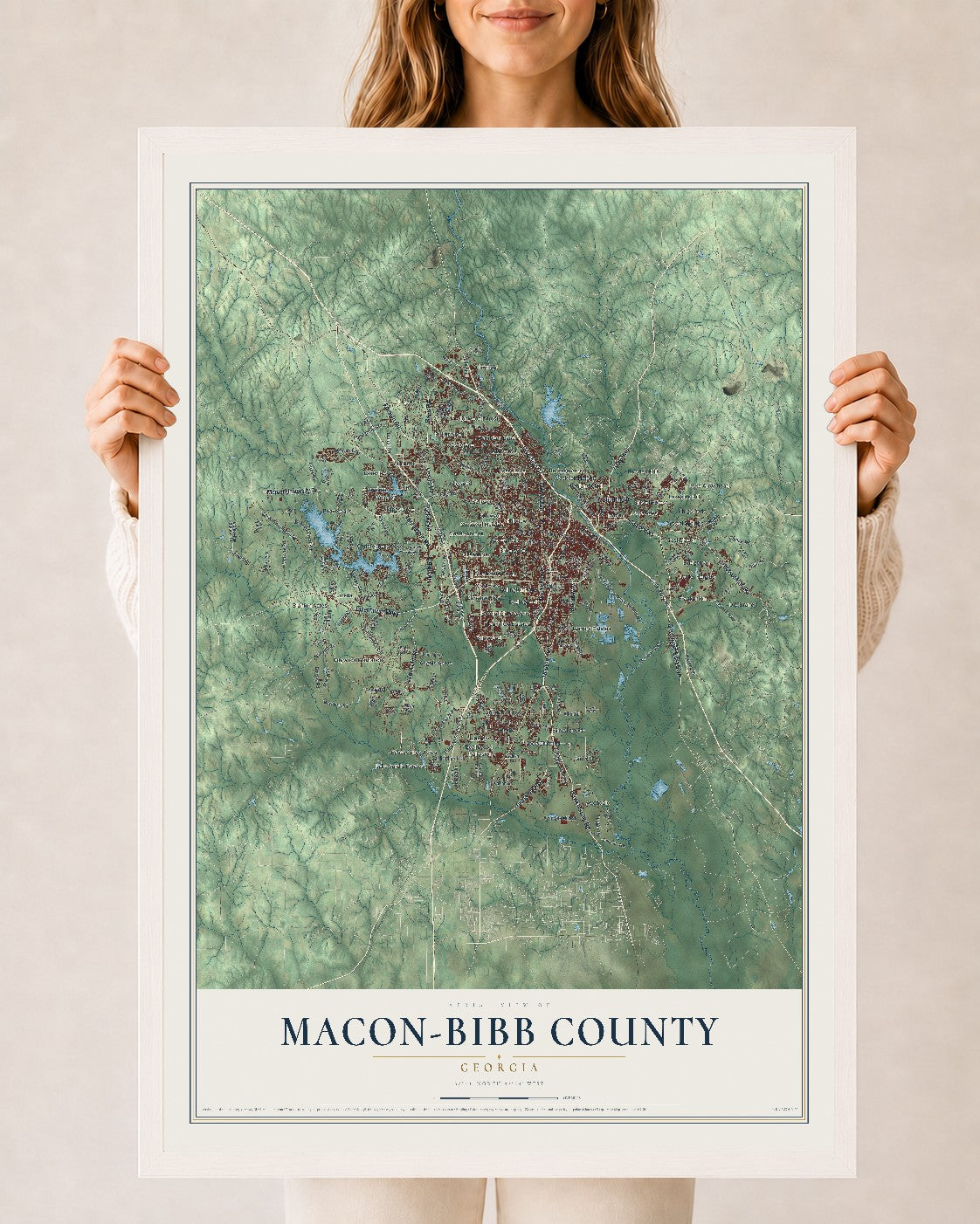 Macon-Bibb County, Georgia map print, 24" x 36" W/ White Ayous Wood Frame mockup
