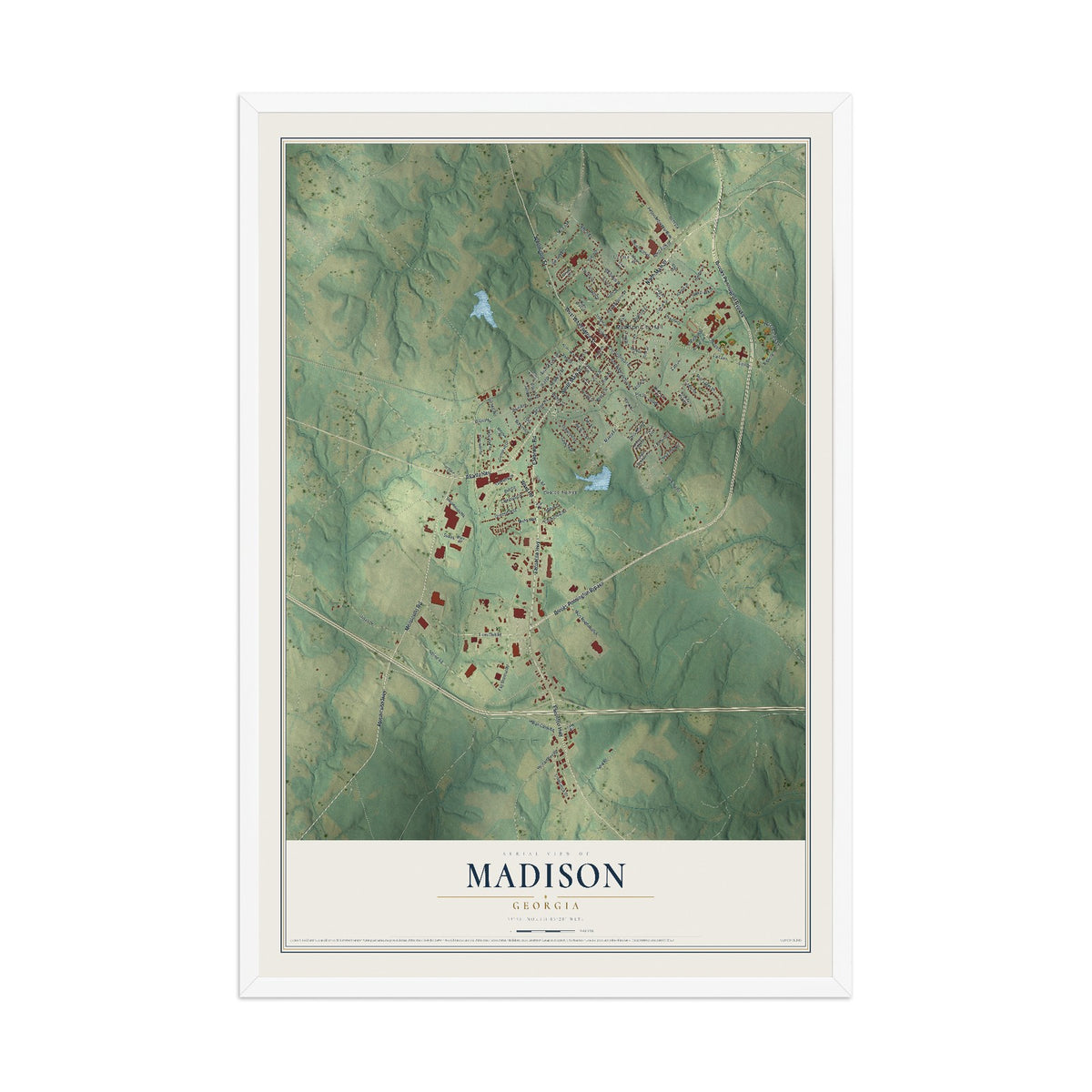 Madison, Georgia map print, 12" x 18" W/ White Ayous Wood Frame mockup