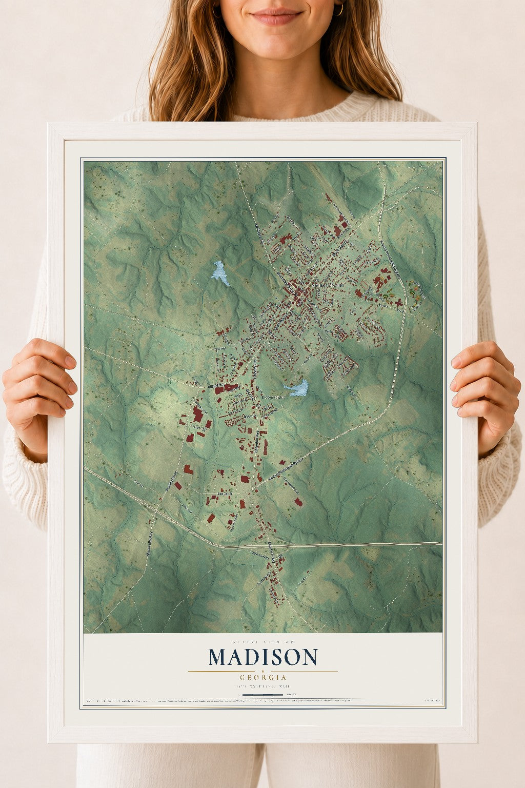 Madison, Georgia map print, 18" x 24" W/ White Ayous Wood Frame mockup