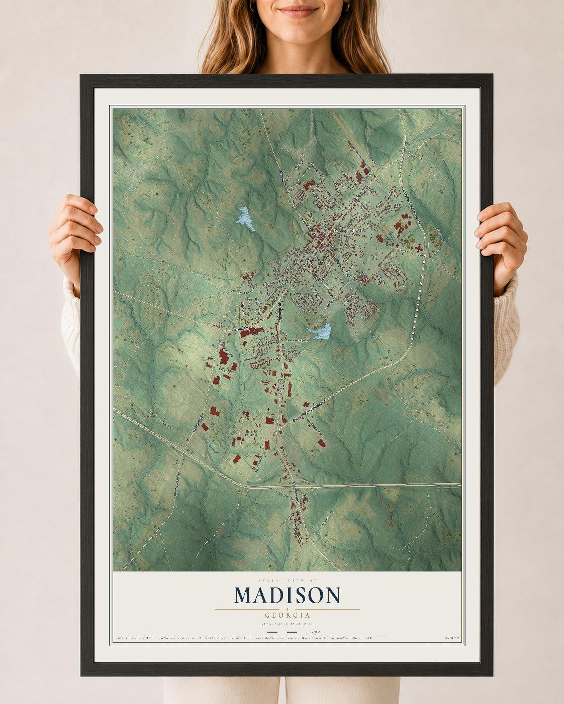 Madison, Georgia map print, 24" x 36" W/ Black Ayous Wood Frame mockup