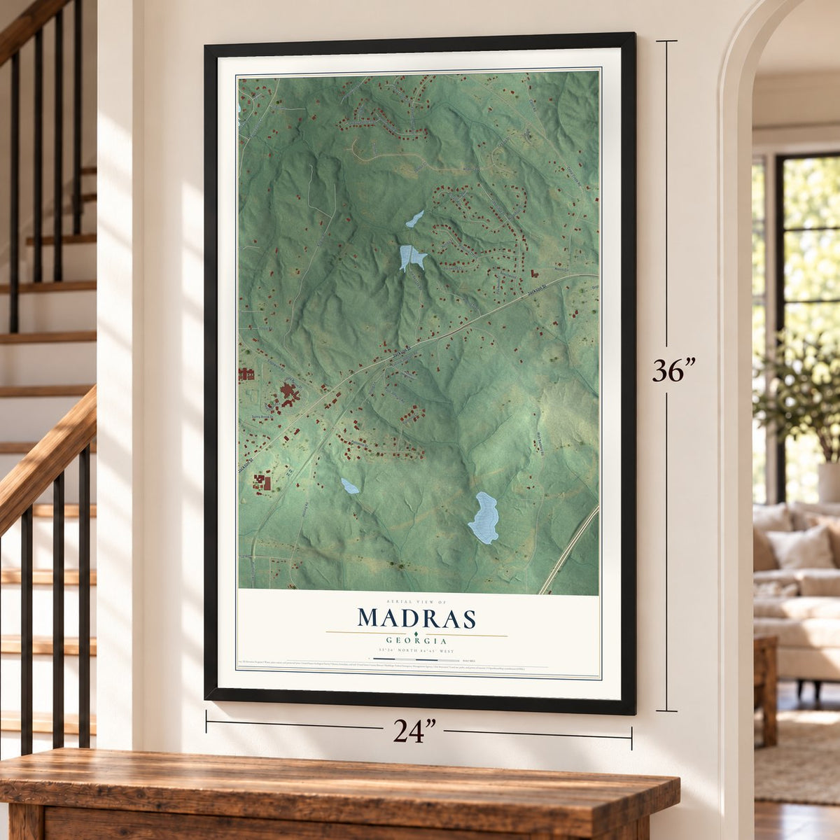Madras, Georgia map, 24 x 36 inch print in a black frame by a staircase