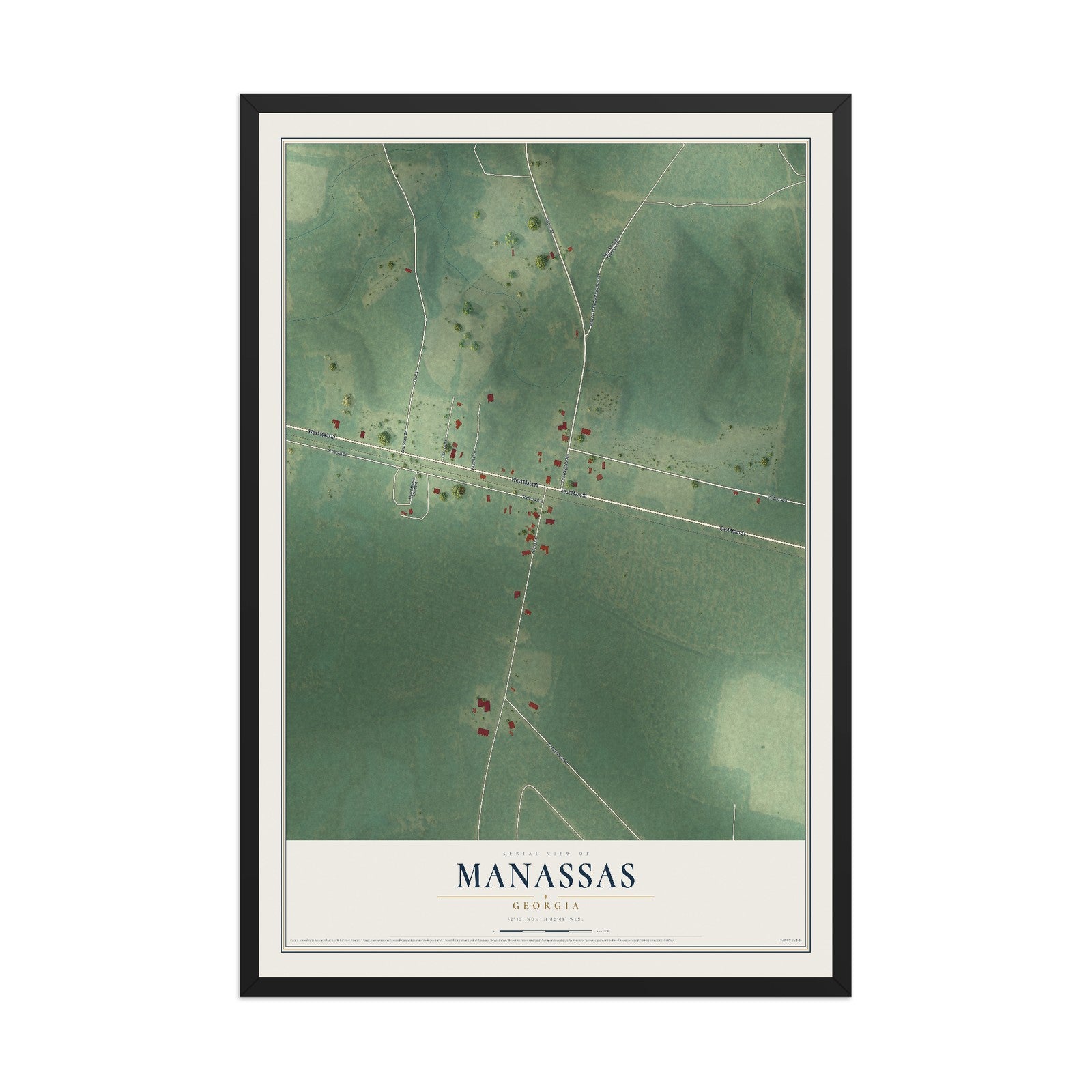 Manassas, Georgia map print, 12" x 18" W/ Black Ayous Wood Frame mockup