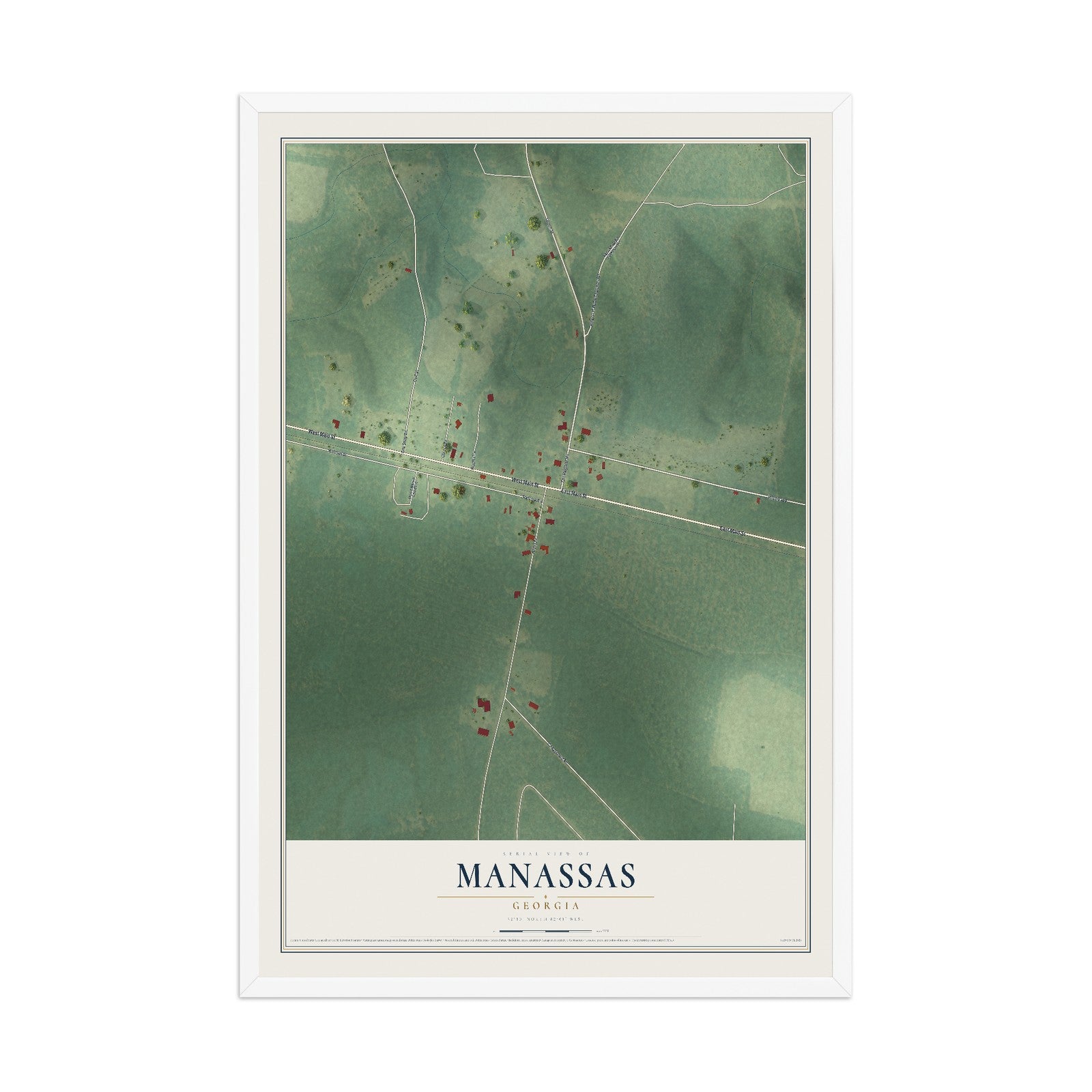 Manassas, Georgia map print, 12" x 18" W/ White Ayous Wood Frame mockup