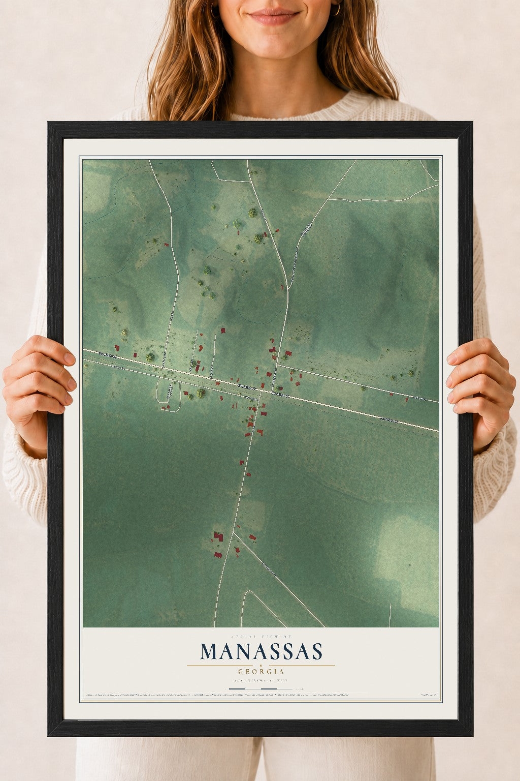 Manassas, Georgia map print, 18" x 24" W/ Black Ayous Wood Frame mockup