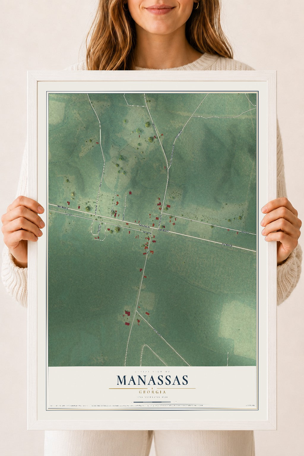 Manassas, Georgia map print, 18" x 24" W/ White Ayous Wood Frame mockup