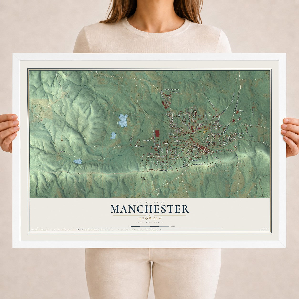 Manchester, Georgia map print, 18" x 24" W/ White Ayous Wood Frame mockup