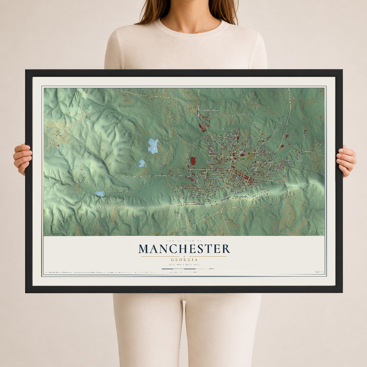 Manchester, Georgia map print, 24" x 36" W/ Black Ayous Wood Frame mockup