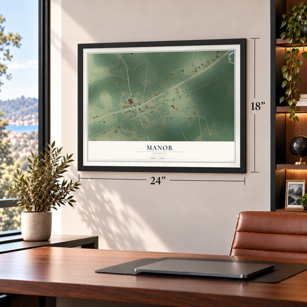 Manor, Georgia map, 18 x 24 inch print in a black frame in a home office