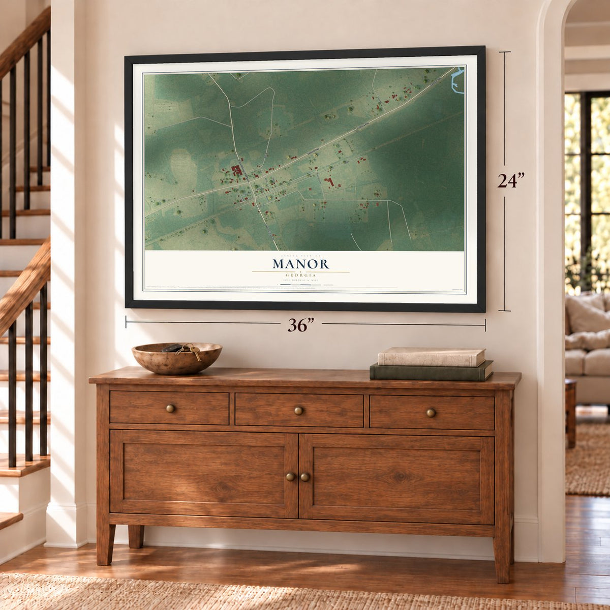 Manor, Georgia map, 24 x 36 inch print in a black frame above a dresser by a staircase