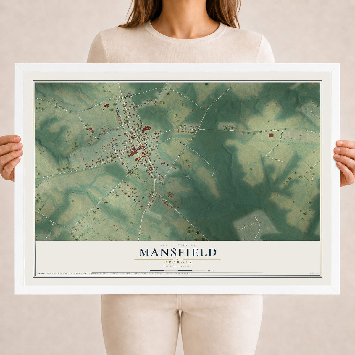 Mansfield, Georgia map print, 18" x 24" W/ White Ayous Wood Frame mockup