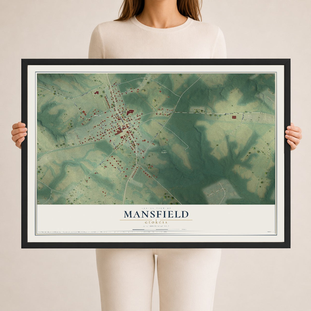 Mansfield, Georgia map print, 24" x 36" W/ Black Ayous Wood Frame mockup