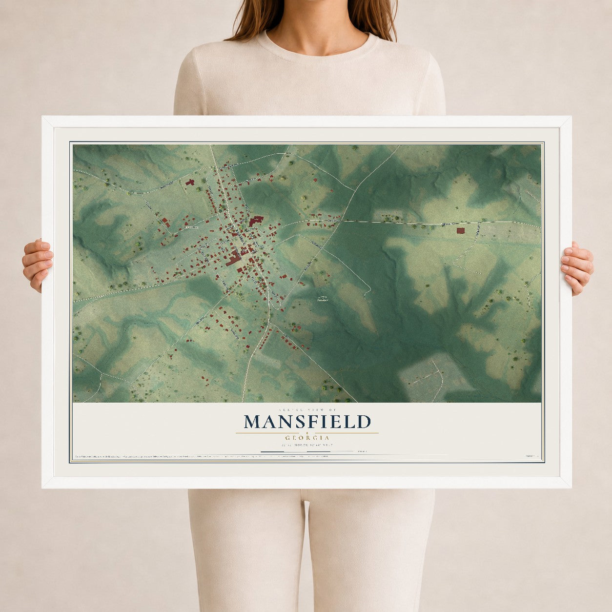 Mansfield, Georgia map print, 24" x 36" W/ White Ayous Wood Frame mockup