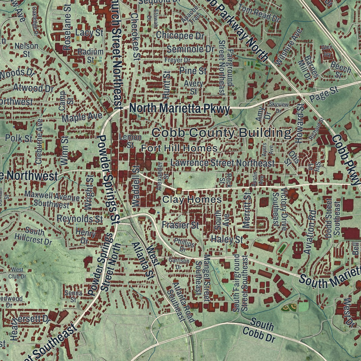 Close-up 1 of the Marietta, Georgia map artwork