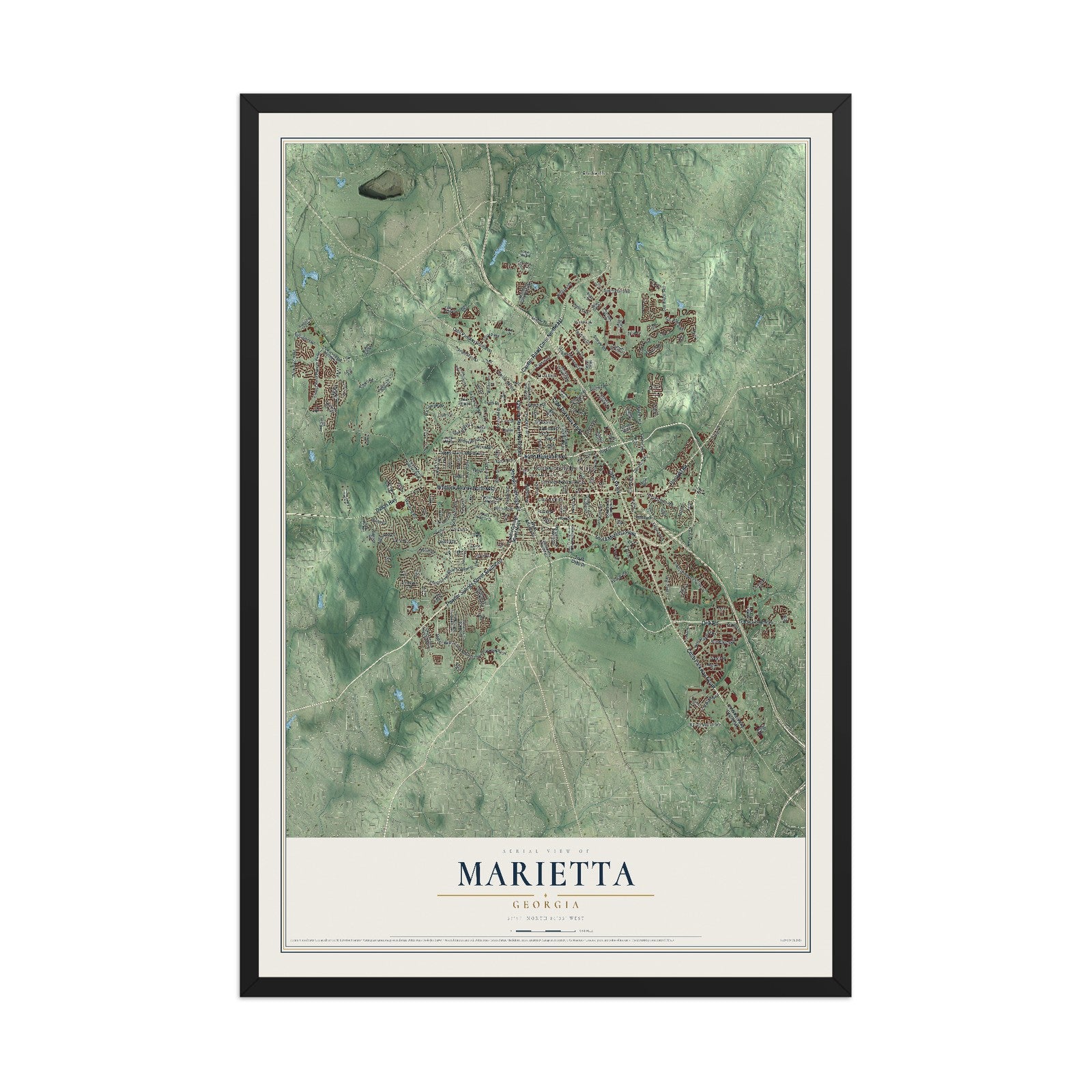 Marietta, Georgia map print, 12" x 18" W/ Black Ayous Wood Frame mockup