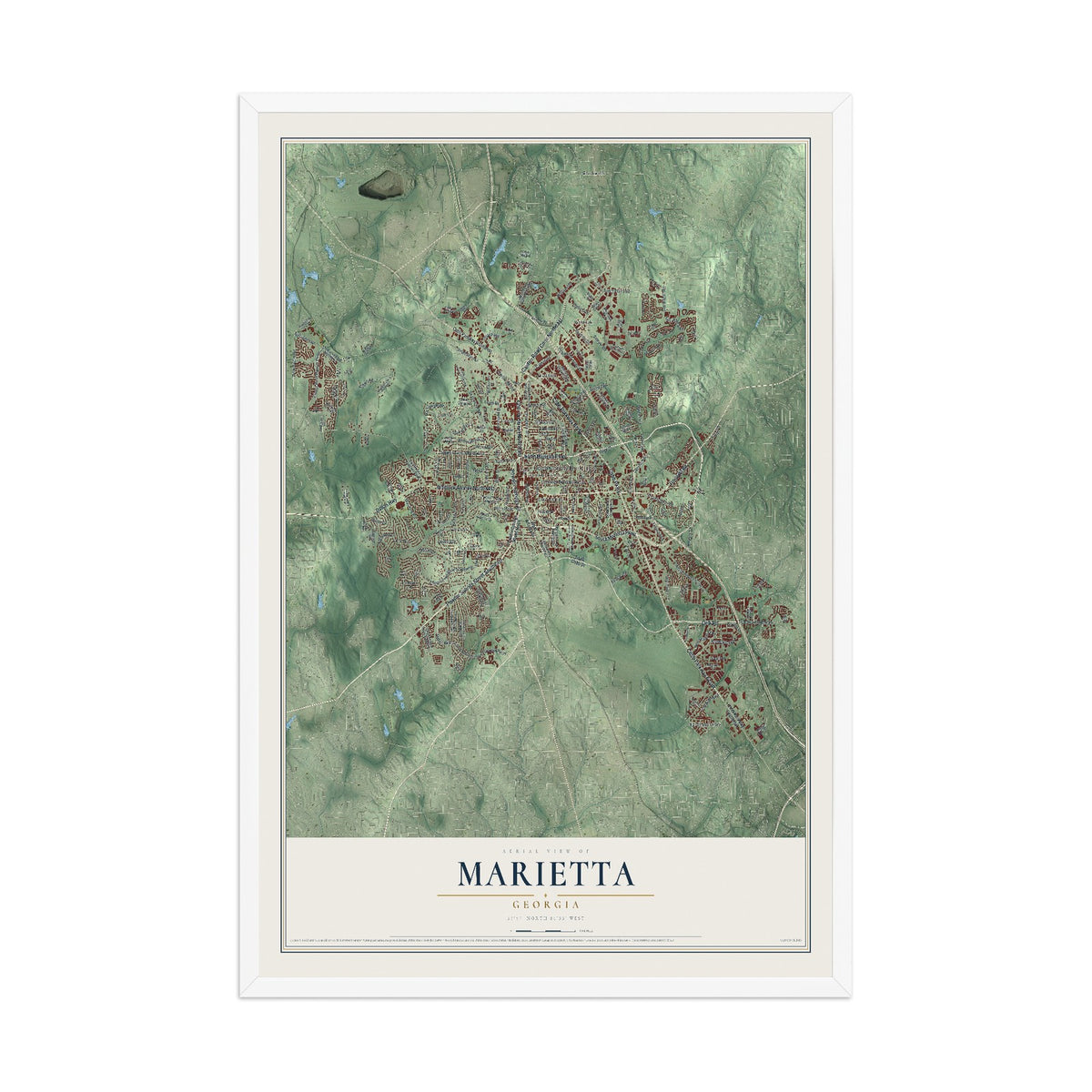 Marietta, Georgia map print, 12" x 18" W/ White Ayous Wood Frame mockup