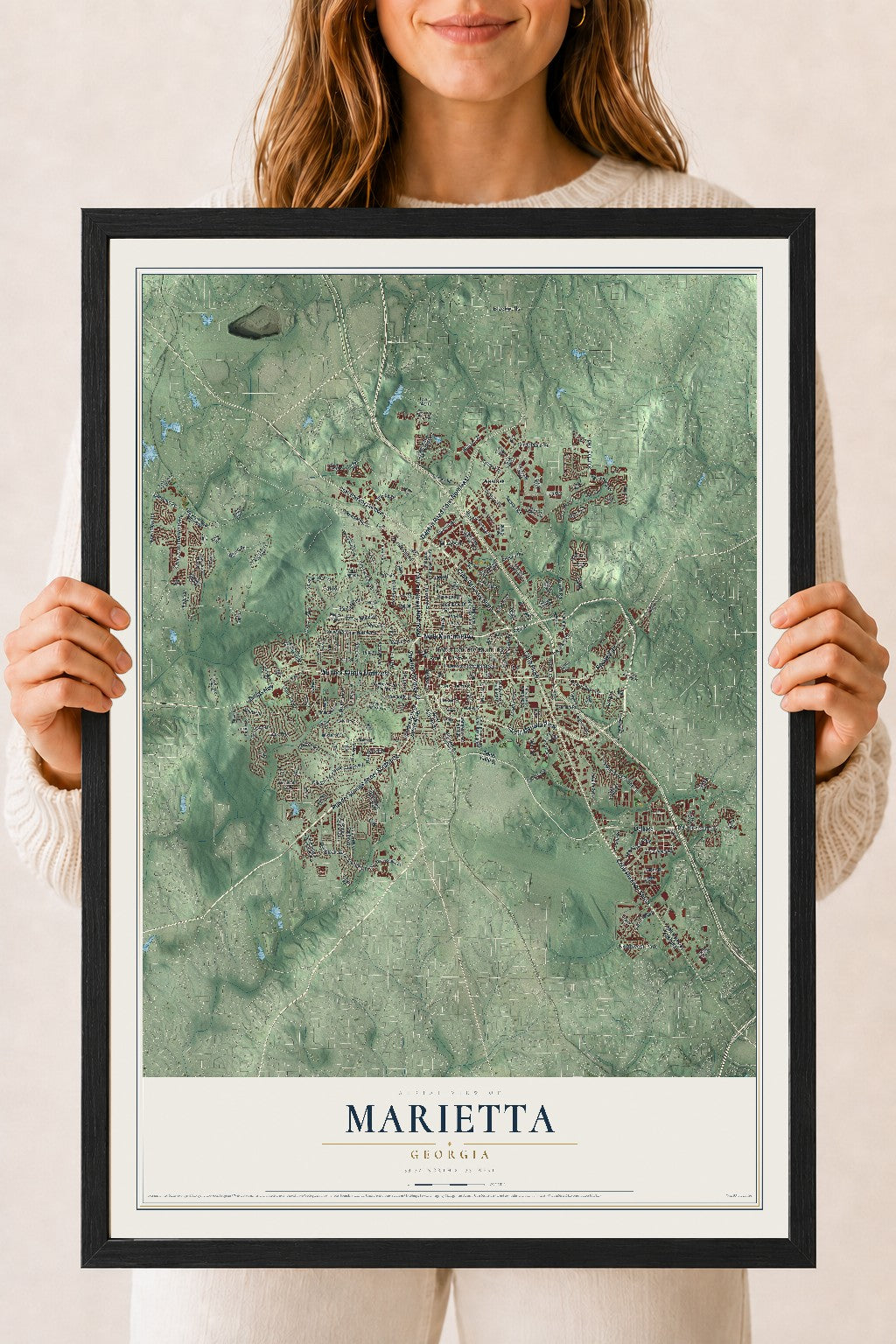 Marietta, Georgia map print, 18" x 24" W/ Black Ayous Wood Frame mockup