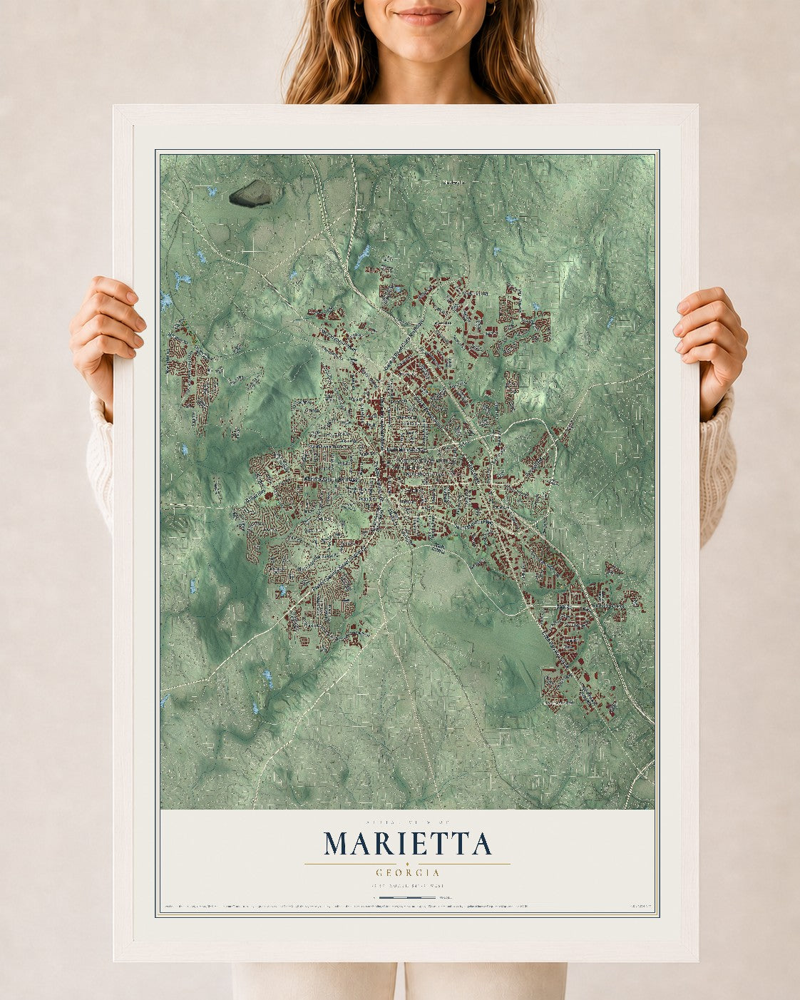 Marietta, Georgia map print, 24" x 36" W/ White Ayous Wood Frame mockup
