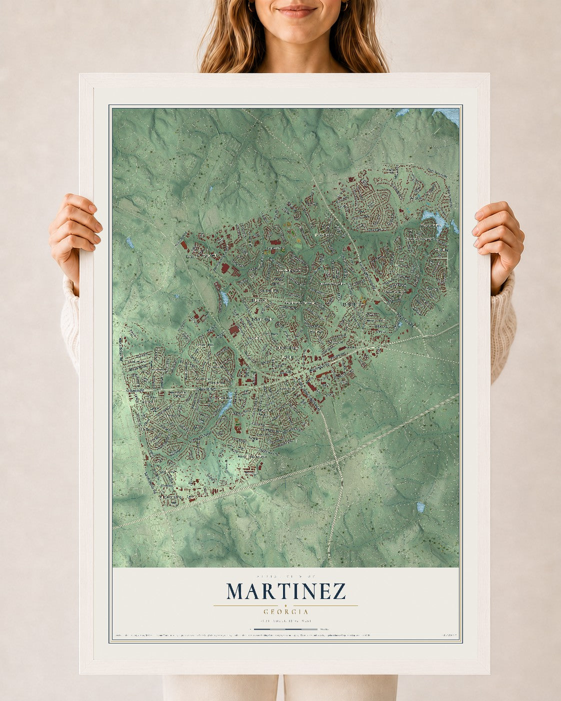 Martinez, Georgia map print, 24" x 36" W/ White Ayous Wood Frame mockup