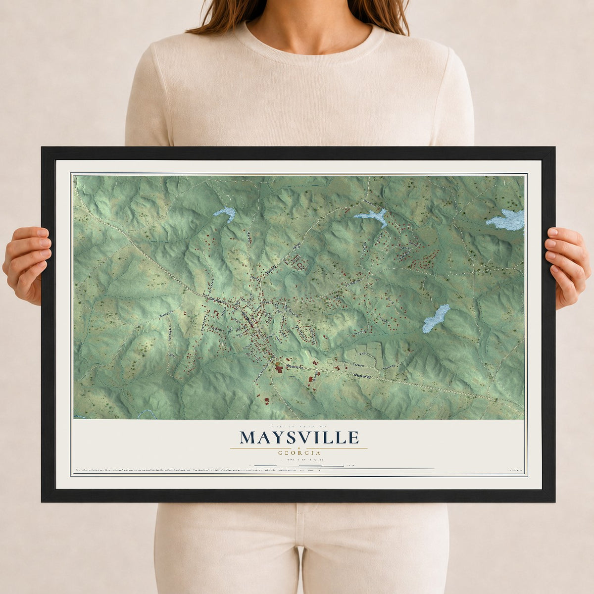 Maysville, Georgia map print, 12" x 18" W/ Black Ayous Wood Frame mockup