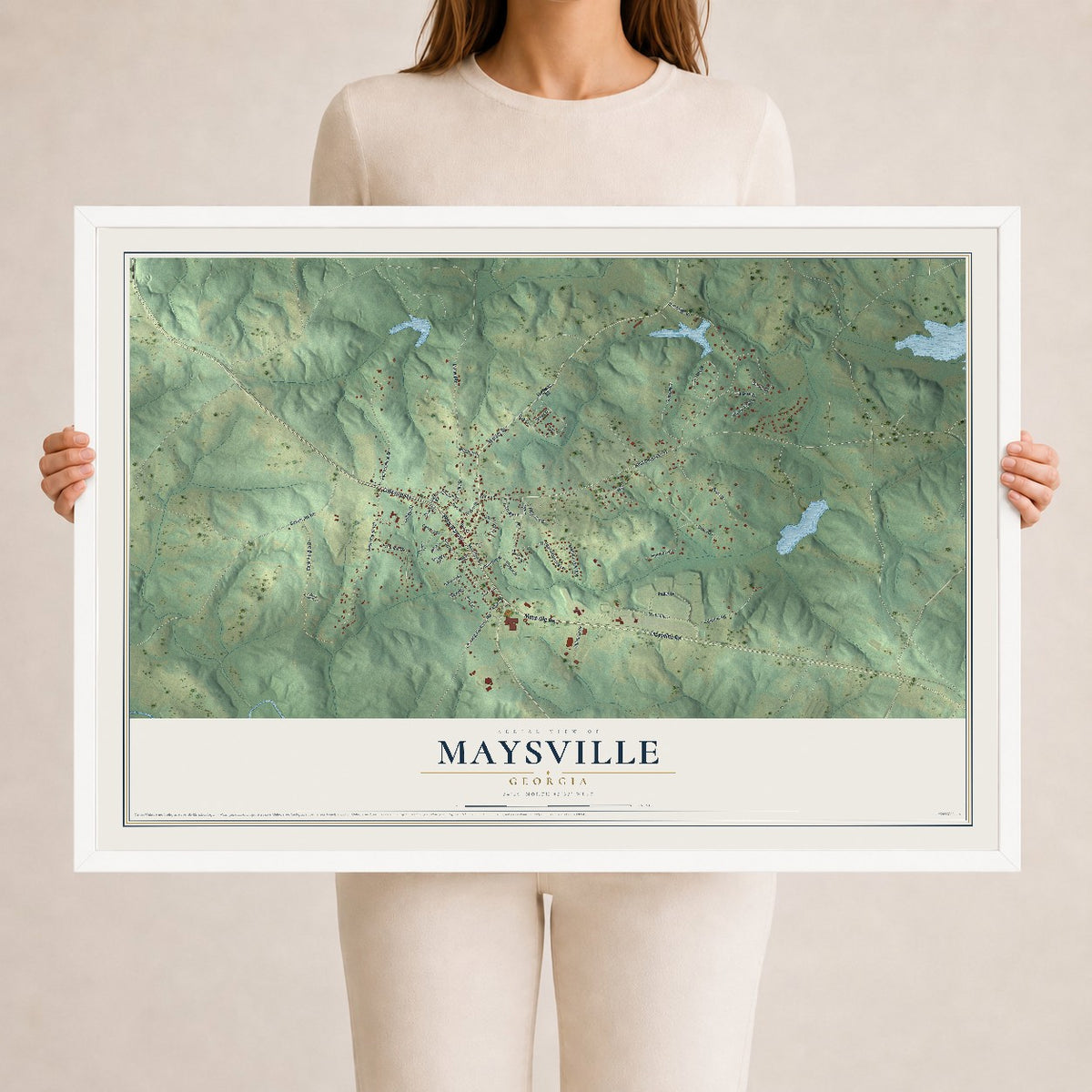 Maysville, Georgia map print, 24" x 36" W/ White Ayous Wood Frame mockup