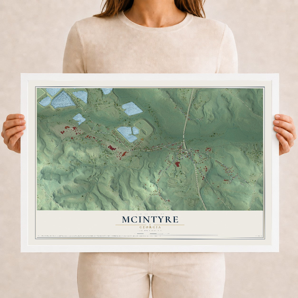 McIntyre, Georgia map print, 12" x 18" W/ White Ayous Wood Frame mockup
