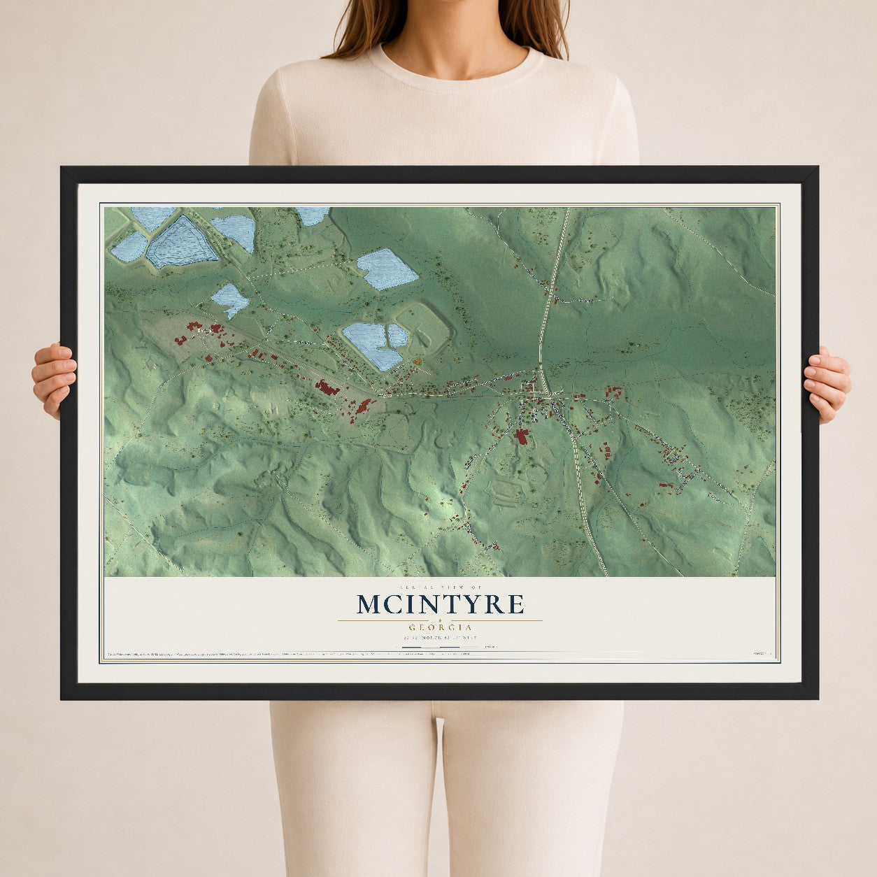 McIntyre, Georgia map print, 24" x 36" W/ Black Ayous Wood Frame mockup