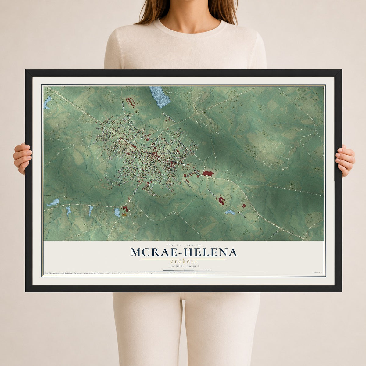 McRae-Helena, Georgia map print, 24" x 36" W/ Black Ayous Wood Frame mockup