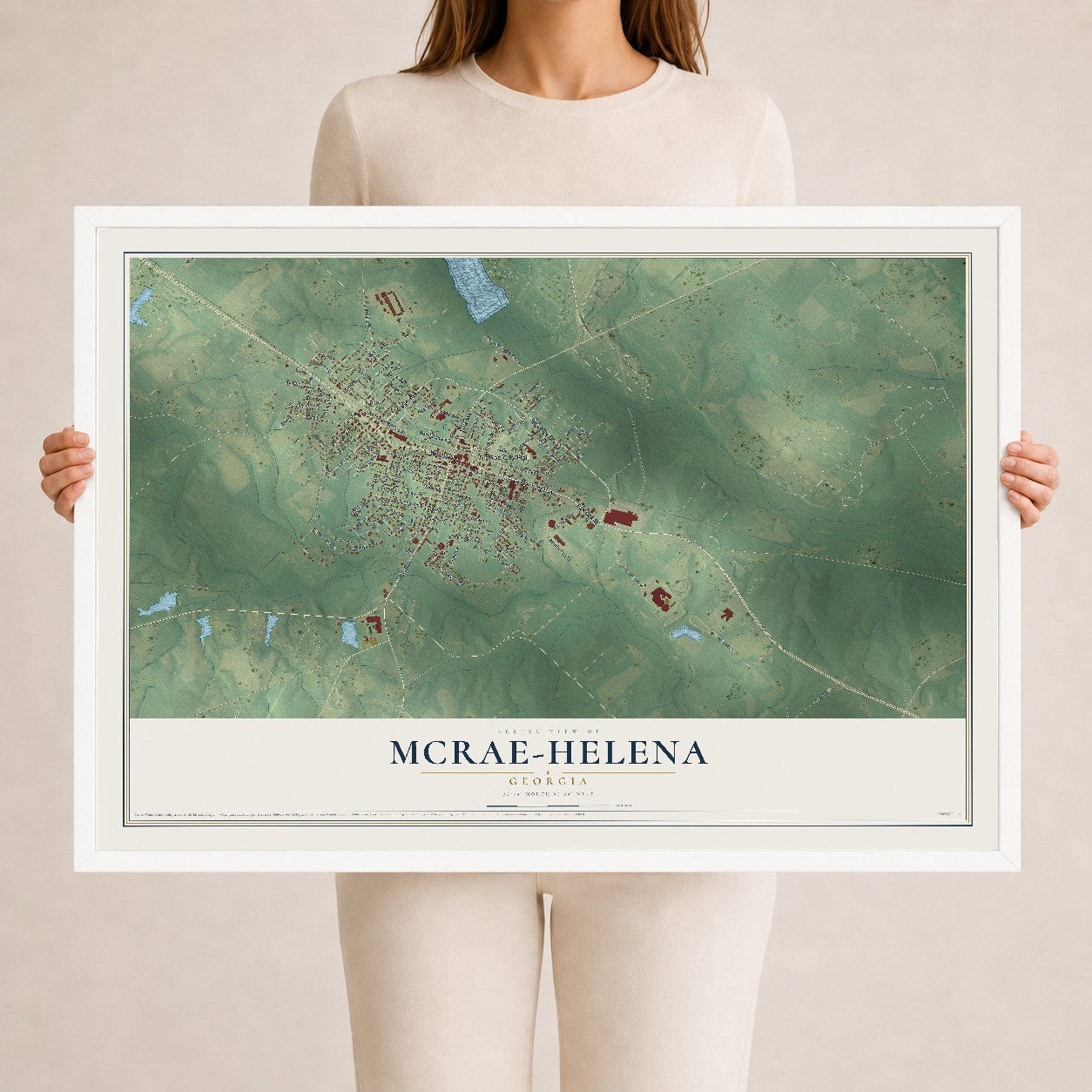 McRae-Helena, Georgia map print, 24" x 36" W/ White Ayous Wood Frame mockup