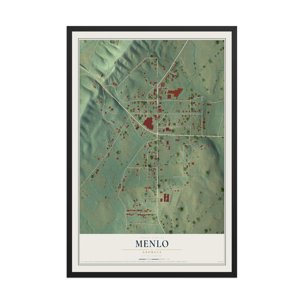 Menlo, Georgia map print, 12" x 18" W/ Black Ayous Wood Frame mockup