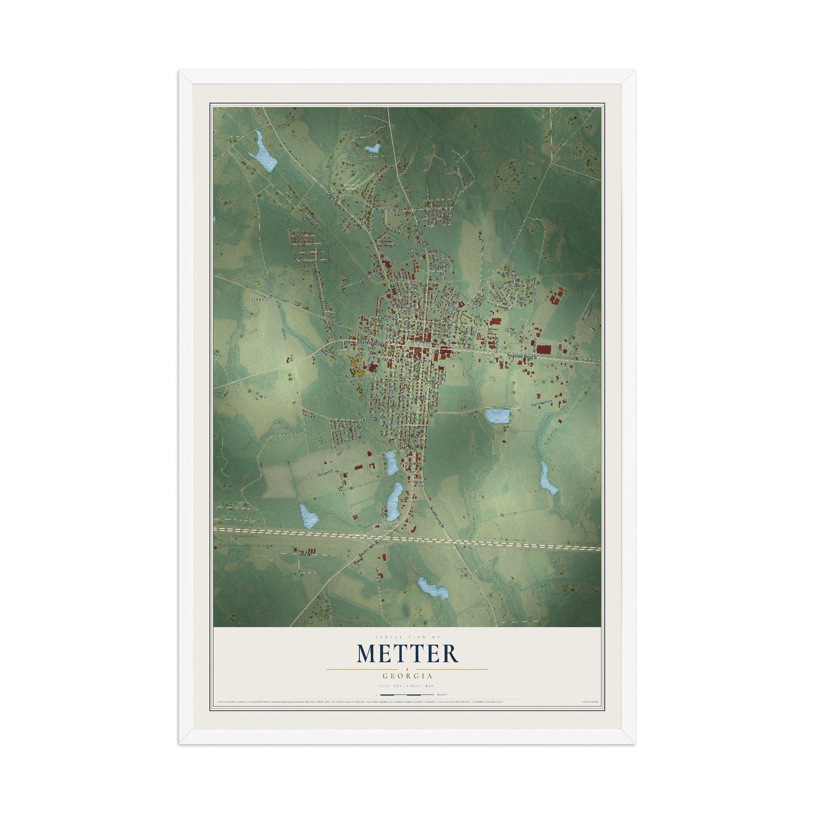 Metter, Georgia map print, 12" x 18" W/ White Ayous Wood Frame mockup