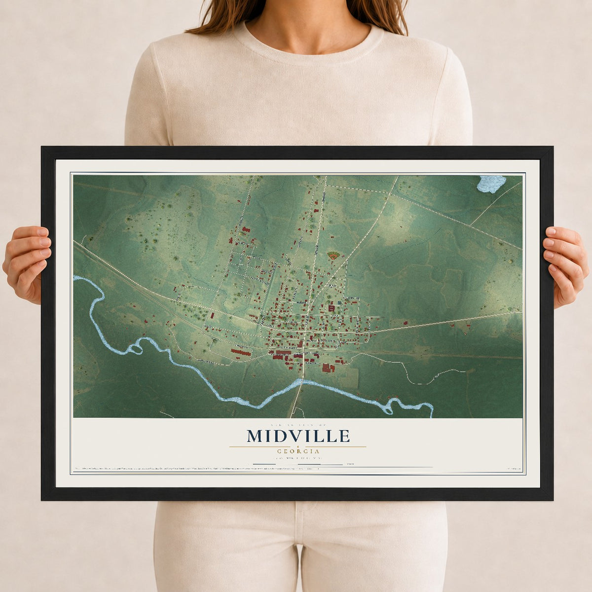 Midville, Georgia map print, 12" x 18" W/ Black Ayous Wood Frame mockup