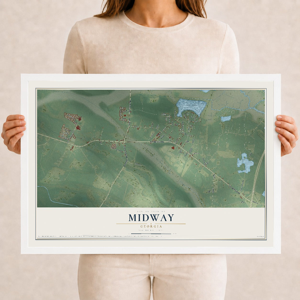 Midway, Georgia map print, 12" x 18" W/ White Ayous Wood Frame mockup