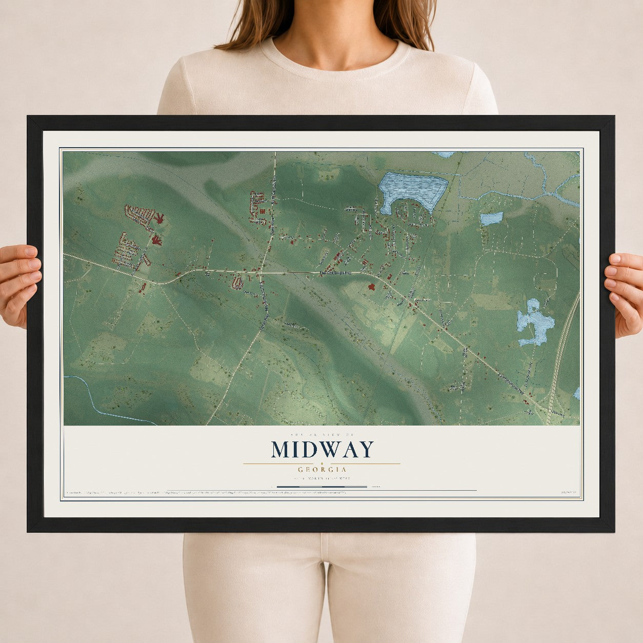 Midway, Georgia map print, 18" x 24" W/ Black Ayous Wood Frame mockup