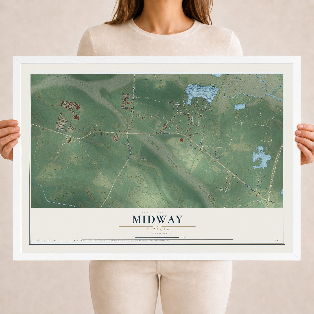Midway, Georgia map print, 18" x 24" W/ White Ayous Wood Frame mockup