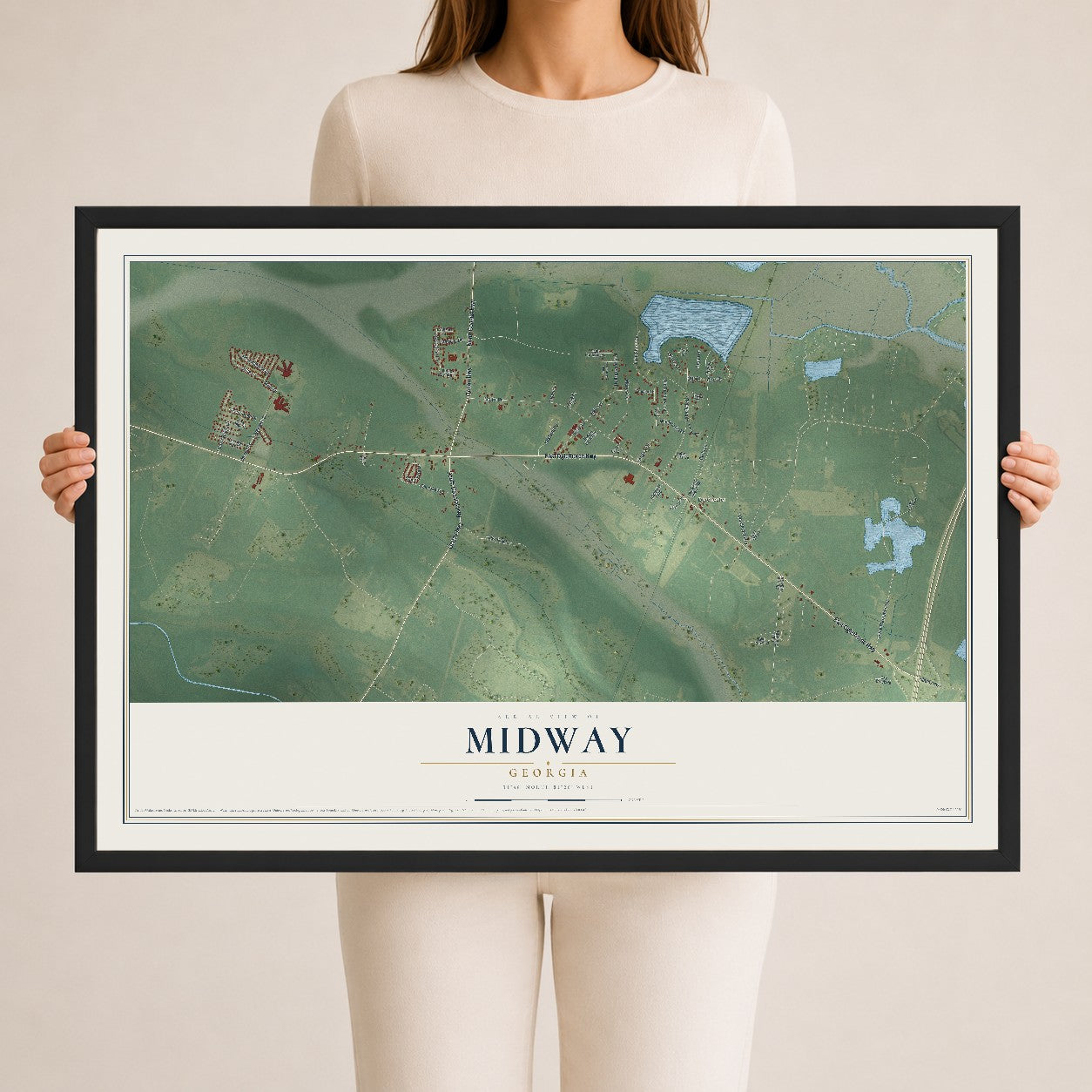 Midway, Georgia map print, 24" x 36" W/ Black Ayous Wood Frame mockup