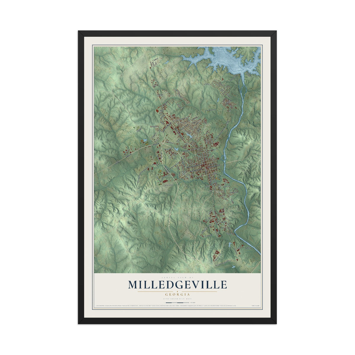 Milledgeville, Georgia map print, 12" x 18" W/ Black Ayous Wood Frame mockup
