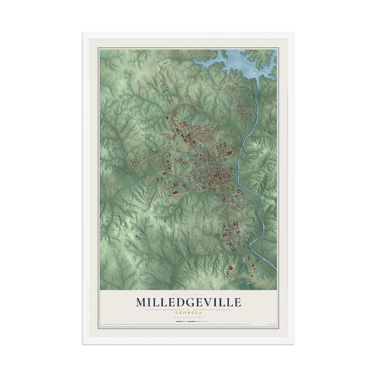 Milledgeville, Georgia map print, 12" x 18" W/ White Ayous Wood Frame mockup