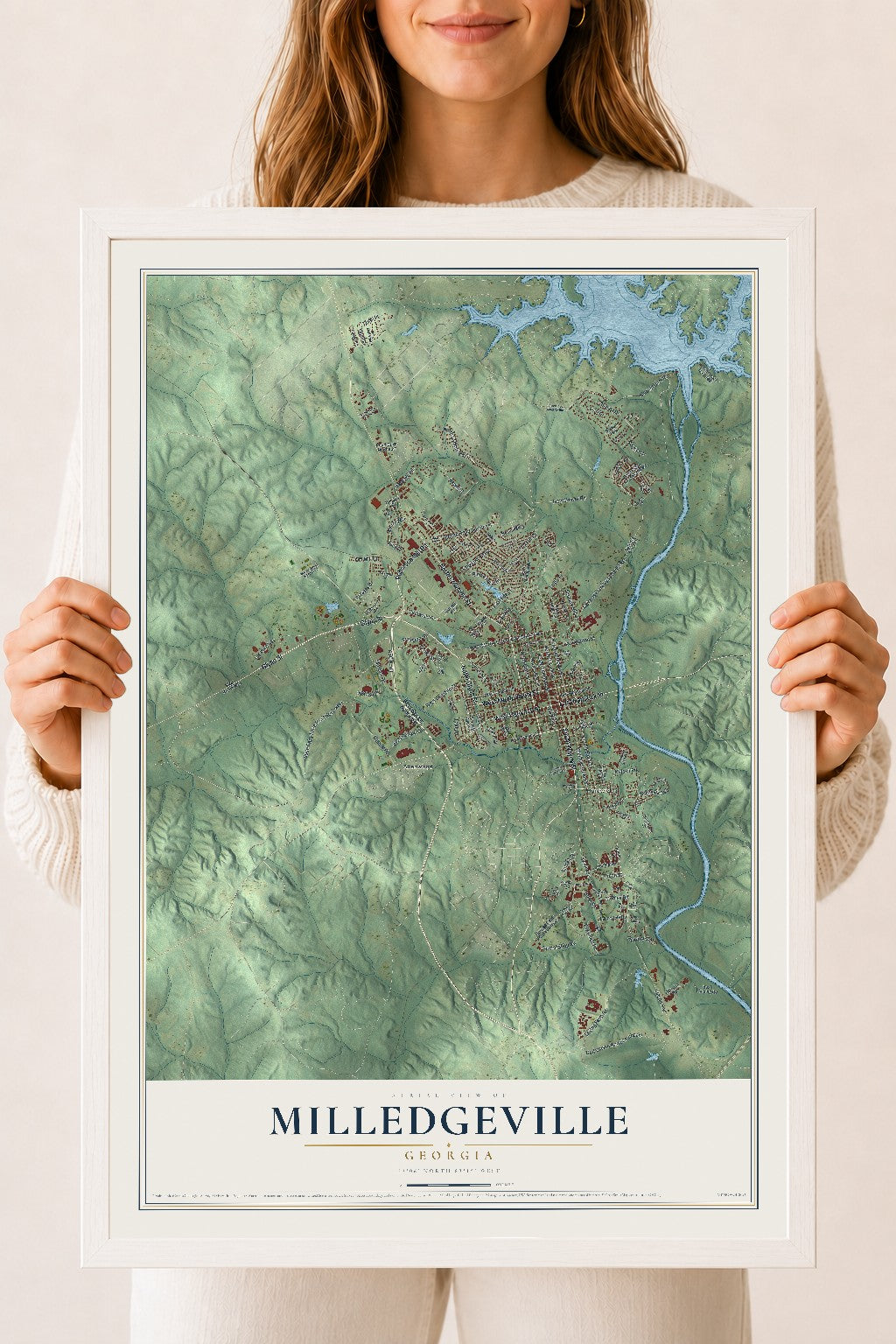 Milledgeville, Georgia map print, 18" x 24" W/ White Ayous Wood Frame mockup