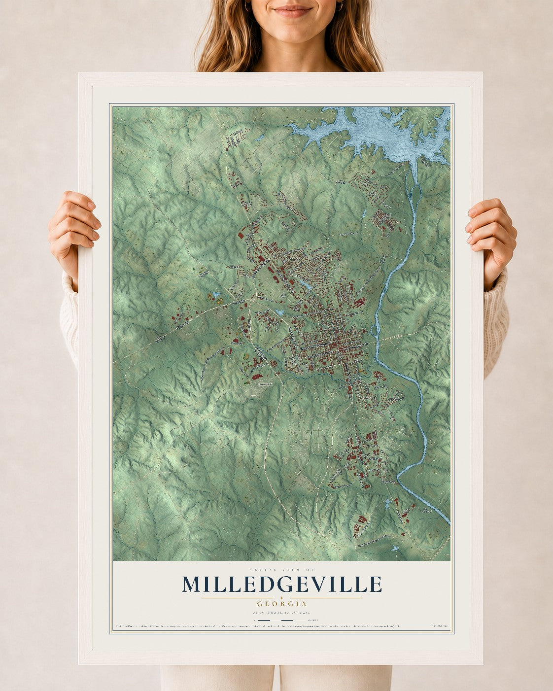 Milledgeville, Georgia map print, 24" x 36" W/ White Ayous Wood Frame mockup