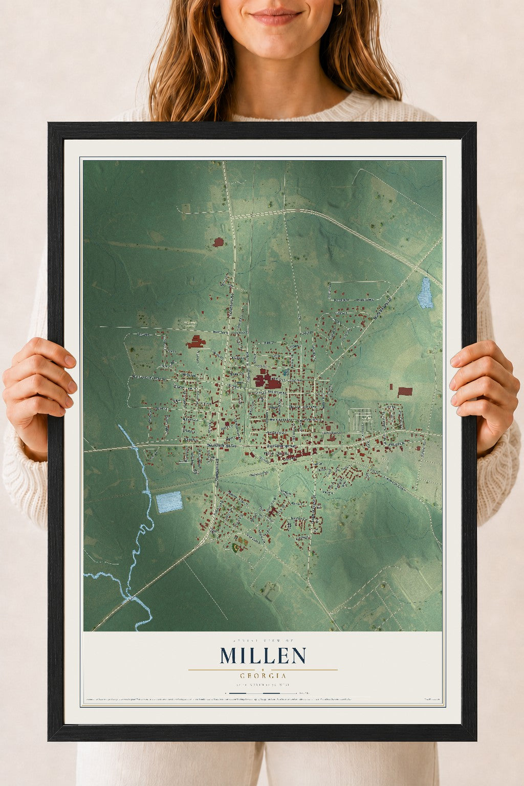 Millen, Georgia map print, 18" x 24" W/ Black Ayous Wood Frame mockup