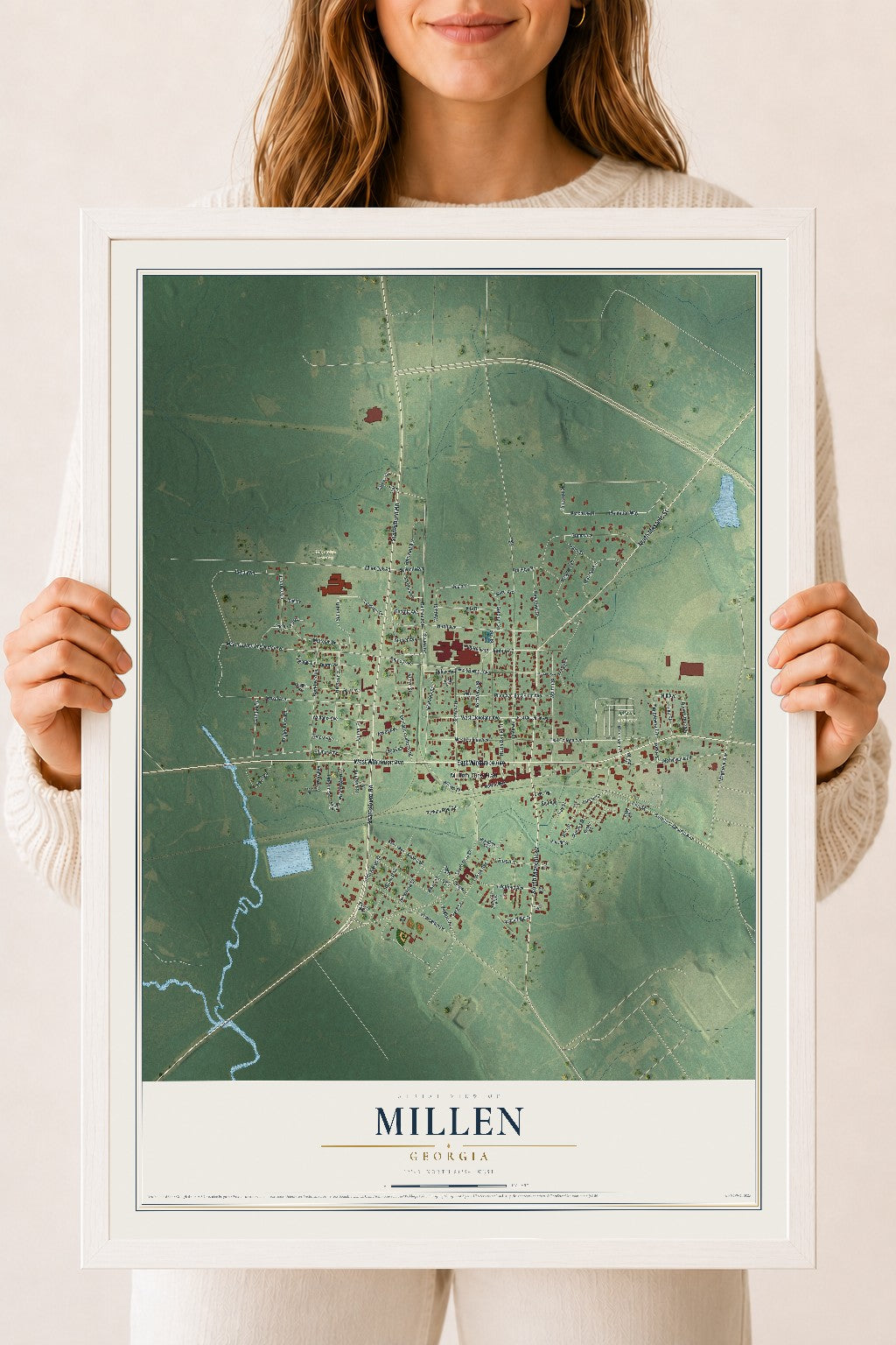 Millen, Georgia map print, 18" x 24" W/ White Ayous Wood Frame mockup