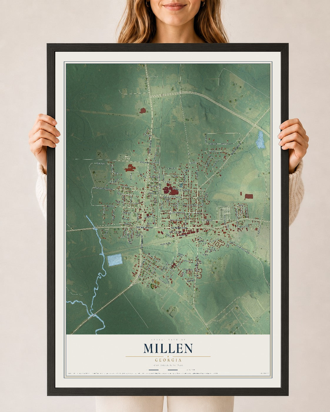 Millen, Georgia map print, 24" x 36" W/ Black Ayous Wood Frame mockup