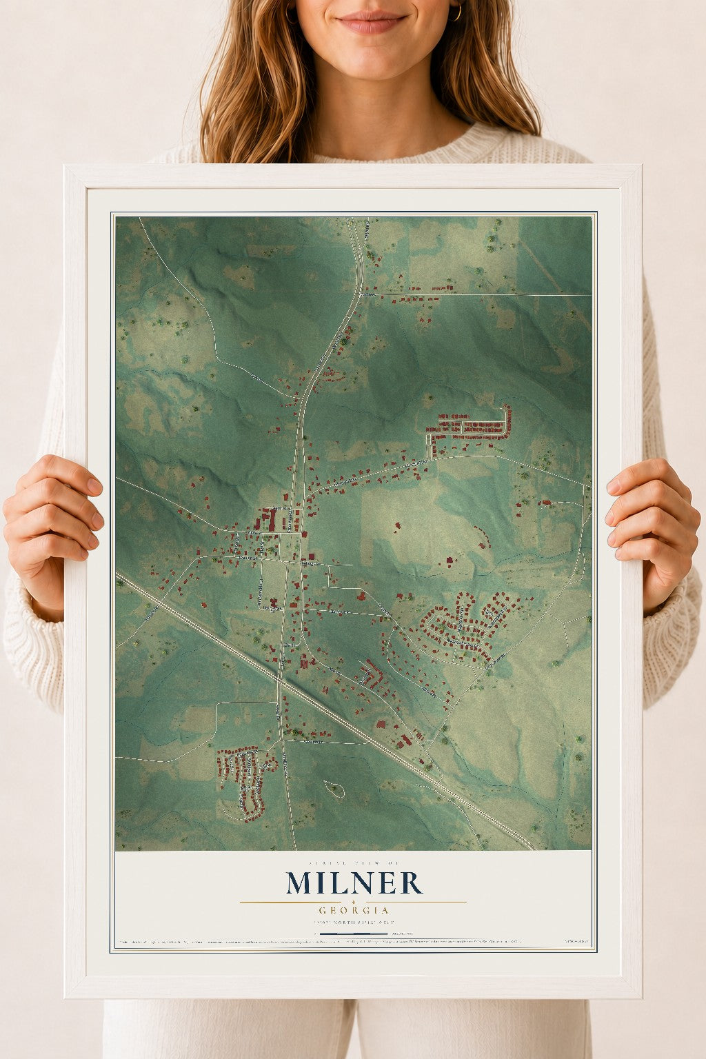 Milner, Georgia map print, 18" x 24" W/ White Ayous Wood Frame mockup