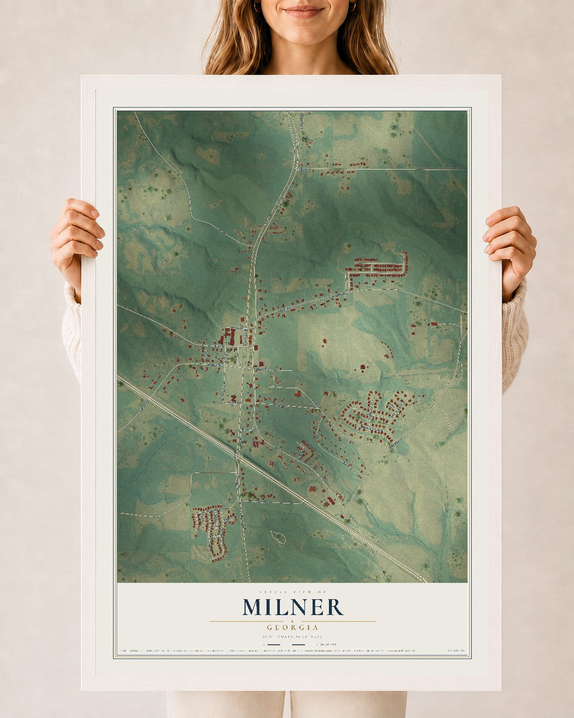 Milner, Georgia map print, 24" x 36" W/ White Ayous Wood Frame mockup