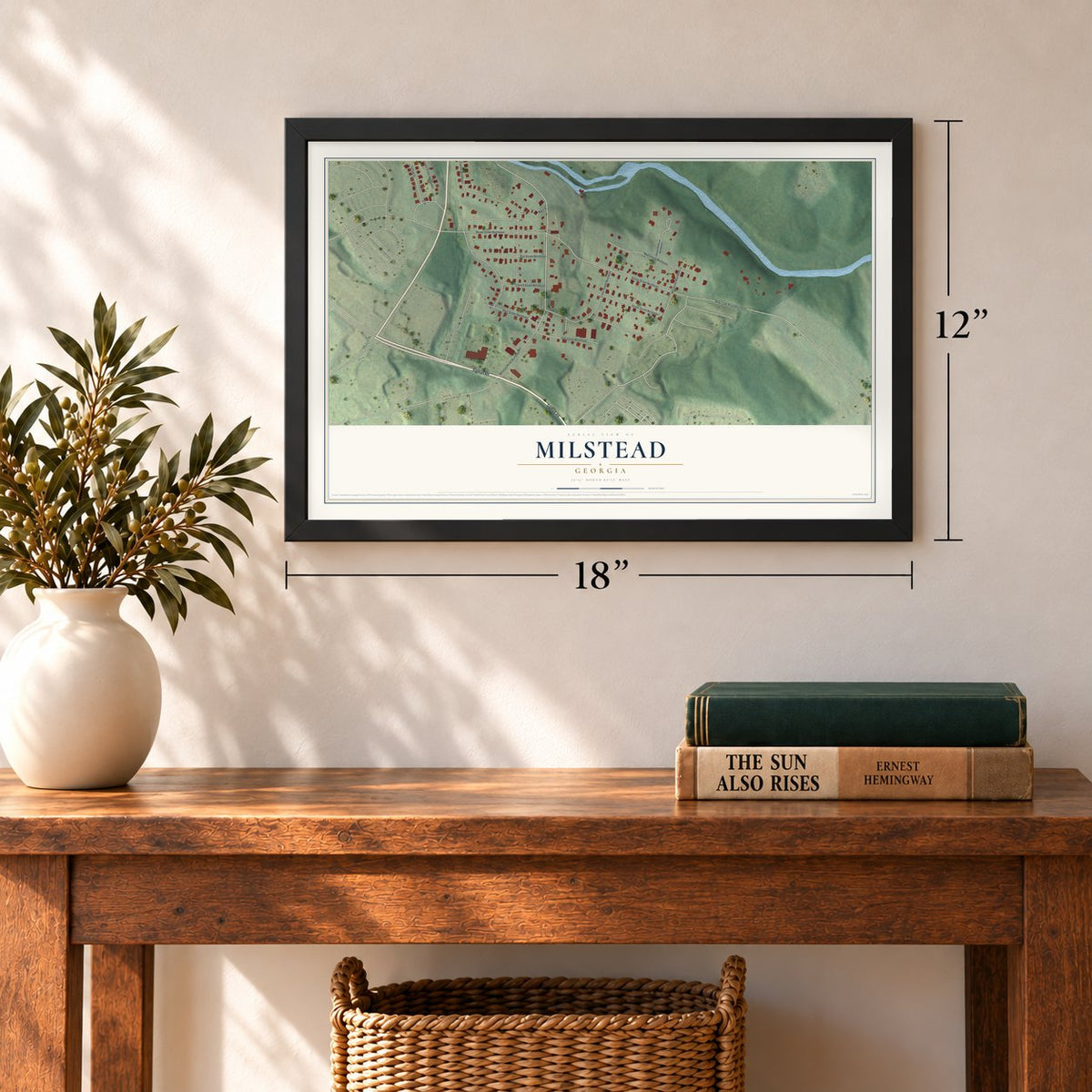 Milstead, Georgia map, 12 x 18 inch print in a black frame in an entryway