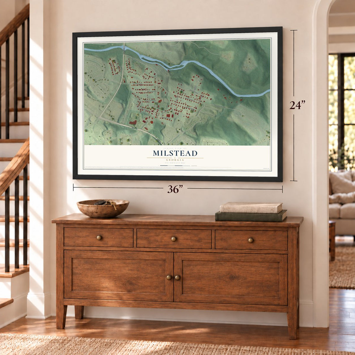 Milstead, Georgia map, 24 x 36 inch print in a black frame above a dresser by a staircase