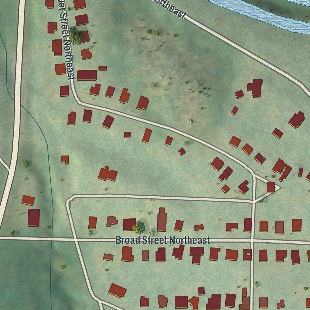 Close-up of the map of Milstead, Georgia print showing street and building detail